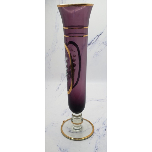 Glass Crystal Handpainted Purple 8 Inch Flower Vase With Gold Accents - Picture 2 of 5